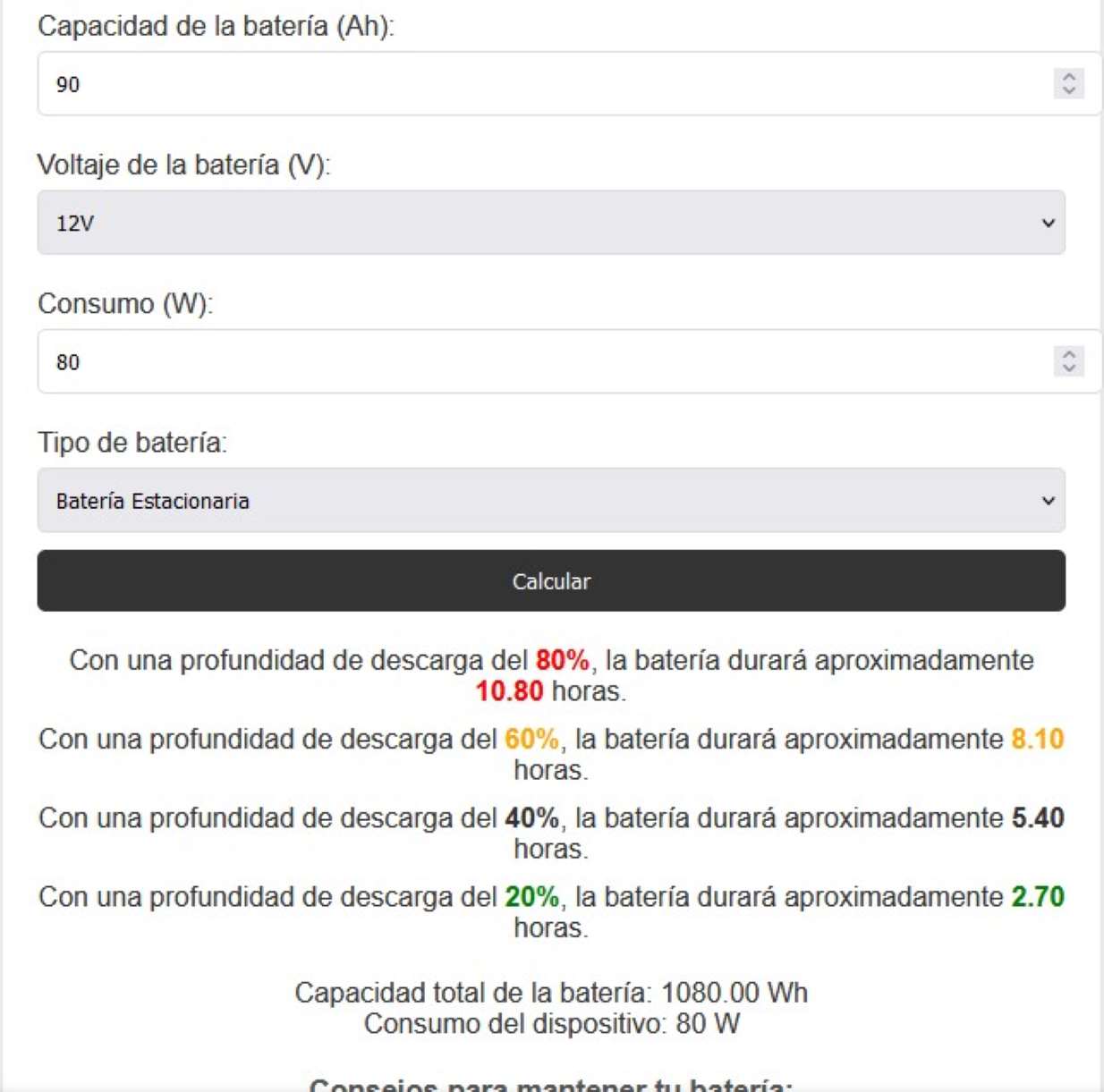 Calculadora de duración de batería